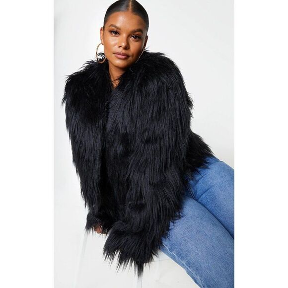 HBC Hudson's Bay Black Shaggy Faux Fur Coat with Pockets - Picture 1 of 7